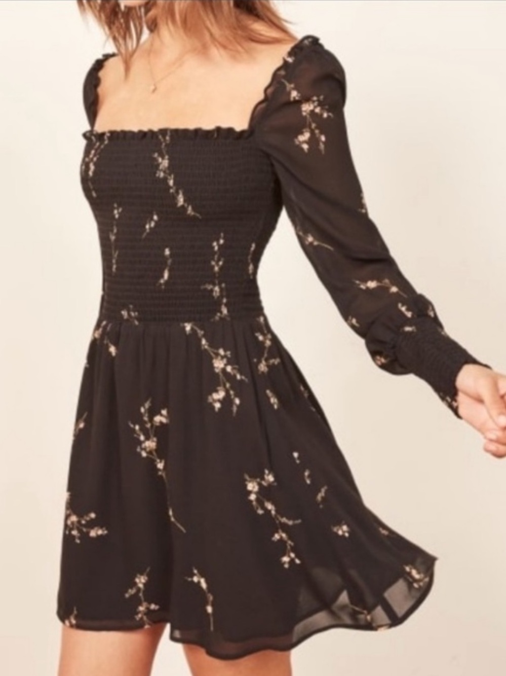 Reformation Floral Black Kelli Peasant Dress XS
